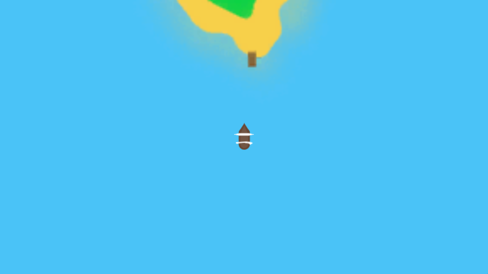 Original Water World. A top down view of a boat sitting in the open sea. There is an island with a small dock to the North.